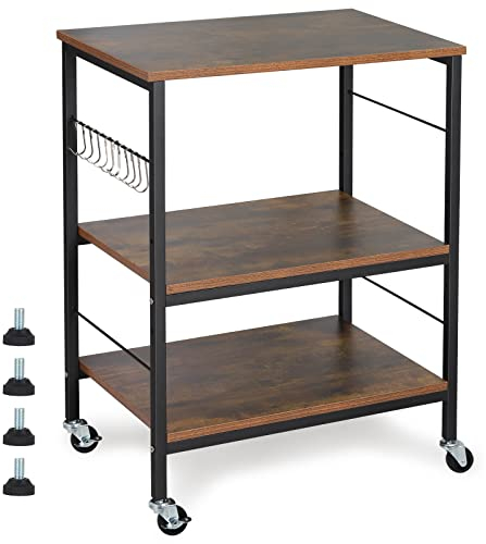 Mesitas de noche, soporte industrial para horno microondas, estante de cocina, estante de almacenamiento de 3 niveles con 10 ganchos para sala de estar, cocina, baño, cafetería (marrón rústico)