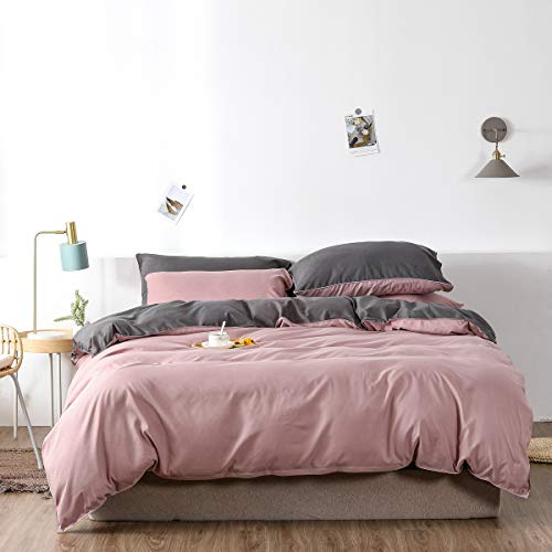 Boqingzhu Bettwäsche 200x220cm Rosa Grau Pink Anthrazit Uni Wende Bettwäsche Set Microfaser Bettbezug mit Reißverschluss und 2 Kissenbezüge 80x80cm