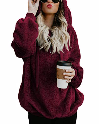 Durio Hoodie Damen Fleece Kapuzenpulli Teddy Fleece Pullover Decke Hoodie Oversize Sweaterpullover Winter Warm Weinrot 2XL
