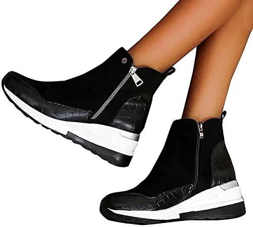Minetom Stivali Donna Invernali Scarpe Stivaletti Ankle Boots Tacco Zeppa Piattaforma Sneaker Cerniera Sportive Scarpe A Nero 35 EU