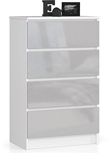 AKORD Kommode mit 4 Schubladen Beistellschrank Highboardmodernes Sideboard für Wohnzimmer Esszimmer Schlafzimmer Flur Badezimmer 60x99x40cmWeiß / Metallic-Glanz