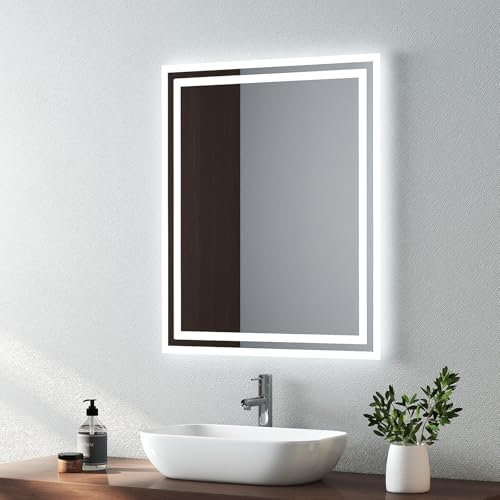 EMKE Illuminated LED Bathroom Mirror, Wall-Mounted Vanity Mirror 500x600mm with LED Light, Button Switch, Demister Pad, Adjustable Color Tones