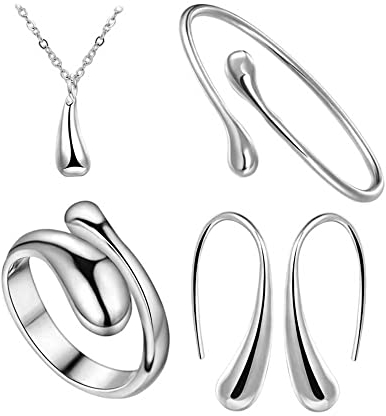 TOFBS 4 Stück Wassertropfen Schmuckset für Damen Mädchen Silber Gold Träne Anhänger Halskette Ohrringe Armband und Ringe Schmuck Set (Silber)