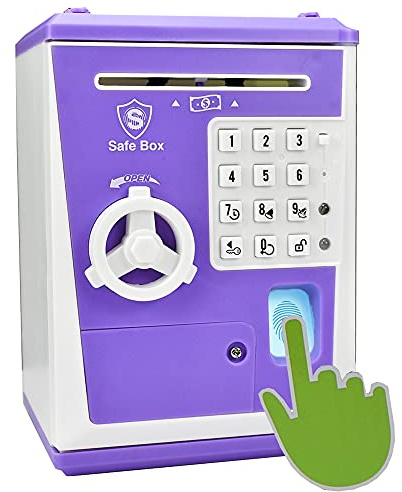 Kids Safe Money Box with Fingerprint & Password – Electronic Piggy Bank with Voice Prompt, Auto Note Intake & Open Record Tracker, Birthday Gift for Boys Girls Ages 6-12 (Purple)