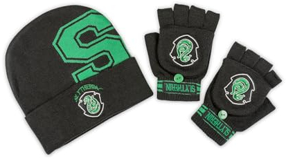 Harry Potter Slytherin Mütze und Handschuh, Schwarz , One size