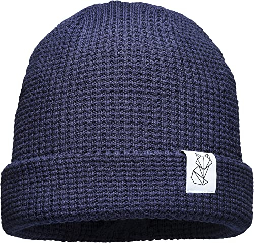 (A) Unisex Organic Cotton Beanie : Polygon Fuchs (Patch) - Mütze Herren Winter - Bio Baumwolle Strickmütze Damen (Navy)