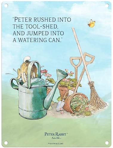 Metal Sign - Beatrix Potter's Peter Rabbit (Peter Rabbit - Peter rushed into the tool-shed, 15 x 20 cm)