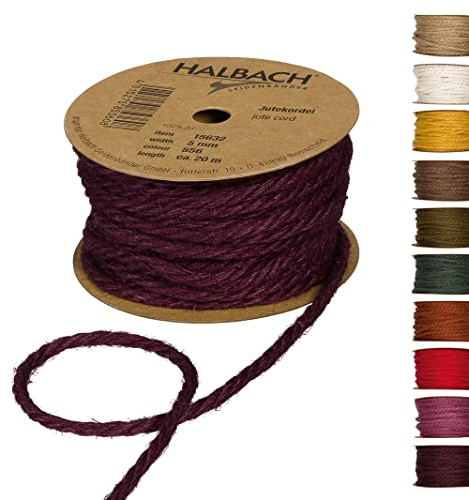 Halbach Seidenbänder Premium Juteschnur | Breite: 5mm Länge: 20m | Juteseil für Dekorationen, Jutekordel aus 100% natürlicher Jute für Garten und Geschenkverpackungen, Farbe: Dark Berry