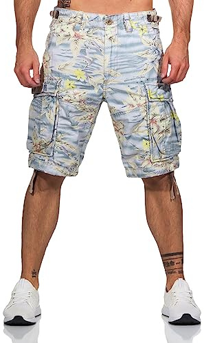Jet Lag Cargo Shorts 17-131 mit floralem Muster - Flower Green, Flower Blue, Hawaii Flower, Farbe:Purple Hawai Flower, Größe:W40