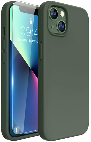 Miracase Designed for iPhone 13 Case with Screen Protector, [Soft Anti-Scratch Microfiber Lining], Shockproof Liquid Silicone Rubber Phone Case Cover for 13 6.1 inch(Dark Green)