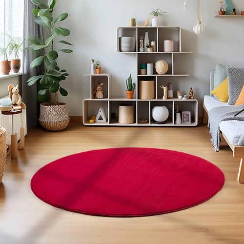Teppium Rutschfester Kurzflor Teppich - 120 cm Rund Rot - Waschbar, Flauschig, Extra Weich - Modern Einfarbig für Wohnzimmer, Schlafzimmer, Kinderzimmer, Esszimmer und Küche