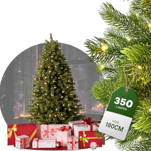 Weihnachtsbaum mit Beleuchtung - [100% Spritzguss] - 180 cm hoch mit 350 LED - naturgetreuer Tannenbaum - mit integrierter Lichterkette - Christbaum mit stabilem Metallständer