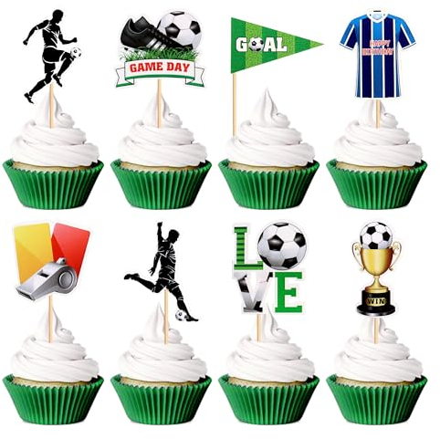 Blumomon 24Pcs Soccer Cupcake Toppers Black Glitter Football Cupcake Topper Sports Theme Cupcake Picks for Soccer Party Decoration Baby Shower Cake Decoration