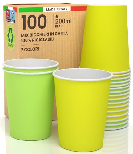 100 Bicchieri in Carta 200ml Mix Natura Ecologici Biodegradabili Monouso Made in Italy Asporto Bevande Calde Acqua - MIX di Colori Giallo Verde - Prodotto e Confezionato in Italia