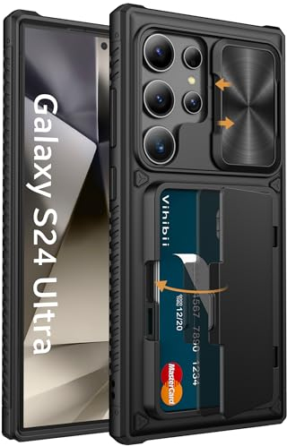Vihibii für Samsung Galaxy S24 Ultra Hülle mit Kartenfach & Kameraschutz & Ständer, Militärschutz Stoßfeste Handyhülle rutschfest Kratzfeste Schutzhülle für Samsung Galaxy S24 Ultra 6,8'', Schwarz
