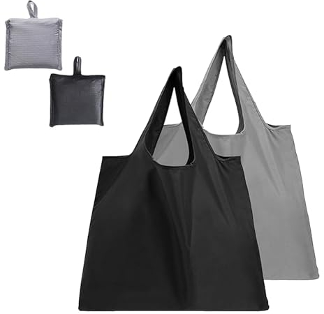 WSS-UK 2PCS Reusable Shopping Bags, Waterproof & Sturdy, Large Foldable Tote Bags with Attach Pocket, Spacious, Easy to Clean & Reusable, Black & Grey