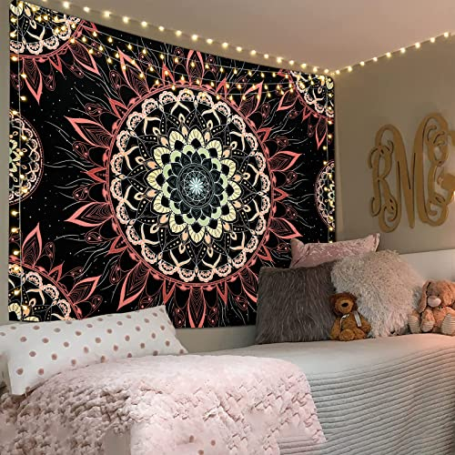 Yugarlibi Mandala Wandbehang Wandteppich Indisch Böhmisch Hippie Wandtuch Wand Deokration Rosa Lotos Tapisserie Ästhetisch für Zimmer Wohnheim Schlafazimmer, 150x150cm