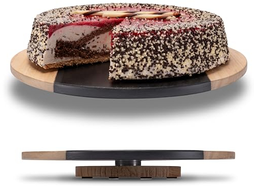 Fino Casa drehbare Schieferplatte mit Edelholz rund Servierplatte Kuchenplatte Wurstplatte Käseplatte Schiefer Platte Holz Tortenplatte mit Fuss Servierteller Drehteller Etagere Deko Tablett Tischdeko