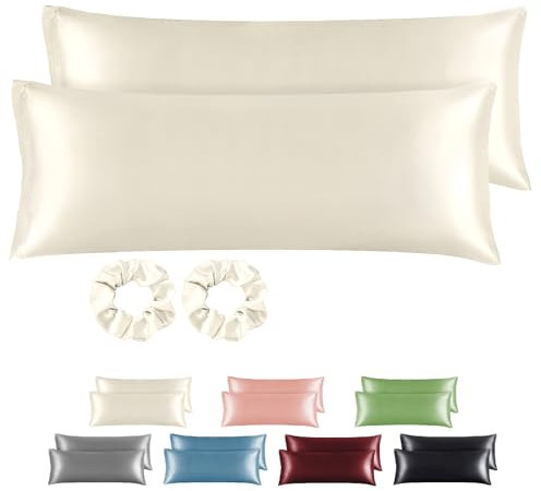BEDELITE Satin Kissenbezug 40x145 Beige - Seitenschläferkissen Bezug 40 x 145 2er Set mit 2 Haargummis wie Seidenkissenbezug, Kopfkissenbezug 145x40 für Seitenschläfer Kissen