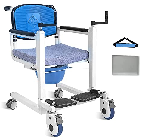 Patientenlift-Transferstuhl für Zuhause, Rollstuhllift, Duschstuhl mit 2 Sitzkissen und Bettpfanne, Transportrollstuhl für Senioren – 17-Zoll-Sitz