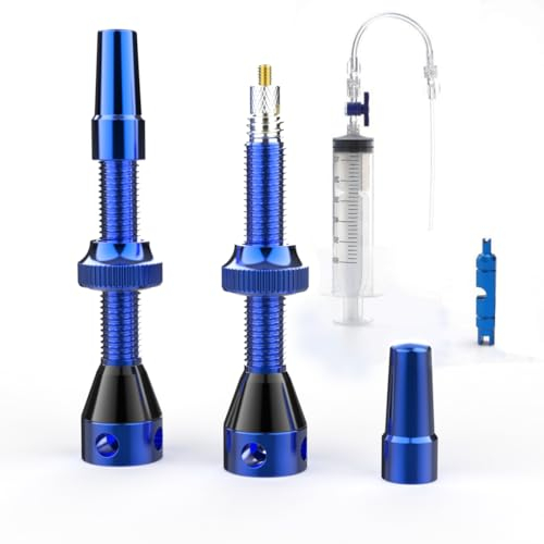 Shredr. Tubeless Ventile Set, blau | Komplettes Set inkl. Tubeless Spritze | Superleicht Alu, hellblau eloxiert, französisches Ventil Presta, 44mm für MTB-Felgen