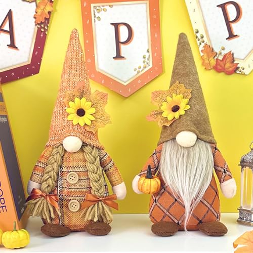 ACAREY Herbstdeko Wichtel, 2 Stück Herbst Deko Wichtel mit Ahornblatt Kürbis Deko, Herbst Dekoration Herbstdeko Zum Aufhängen Wichtel Figuren Plüsch für Erntedankfest Weihnachten Baum deko