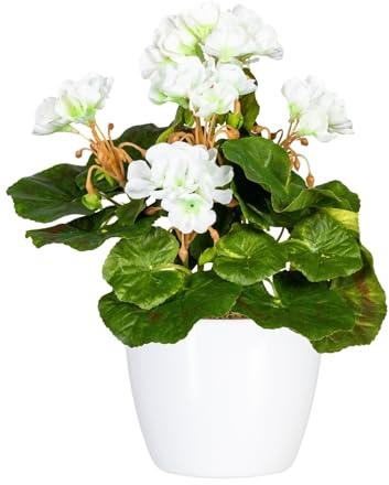 CREATIV green künstlicher Geranien-Busch 24cm in weiß I Geranien künstlich mit 5 Blüten in weißem Keramiktopf I künstliche Geranien UV-beständig & realitätsnah I stilvolle Kunstblumen wie echt