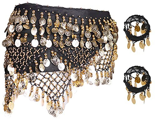 Bauchtanz Rock, Fasching Bauchtanz Kostüm Gürtel mit Goldmünzen, Schwarzer Schal Frauentanz Kostüm Foulard Bauchtanz Kleid für Frauen Mädchen Zumba Yoga-320black