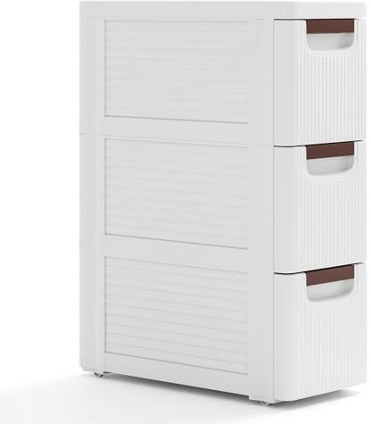 Multigot Bathroom Floor Cabinet On Wheels, Freestanding Slim Storage Cupboard with 3/4/5 Drawers, Mobile Drawer Cabinet Compact Plastic Bathroom Organizer Unit for Living Room Entryway (3-Drawer)