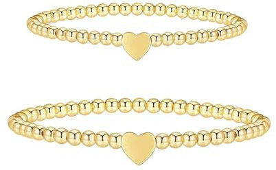 MisFun 2 Stück Elastische Kugelarmband, Herz Kugeln Armkette, Perlenarmband Geschenk für Damen, Frauen, Mädchen, Freundin (Gold)