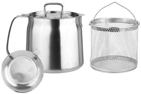 Olla de filtro de aceite de acero inoxidable 304, tanque de filtro de aceite multifuncional, olla coladora de aceite 2 en 1, freidora resistente con cesta, jarra separadora de grasa (1,5 L)