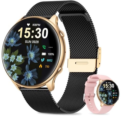 SLOKSFil Smartwatch Damen mit Telefonfunktion, 1.39 HD Fitnessuhr/Menstruationszyklus/Pulsuhr/Schrittzähler/IP67/Schrittzähler/120+ Sportmodi, für iOS Android Schwarze Gold