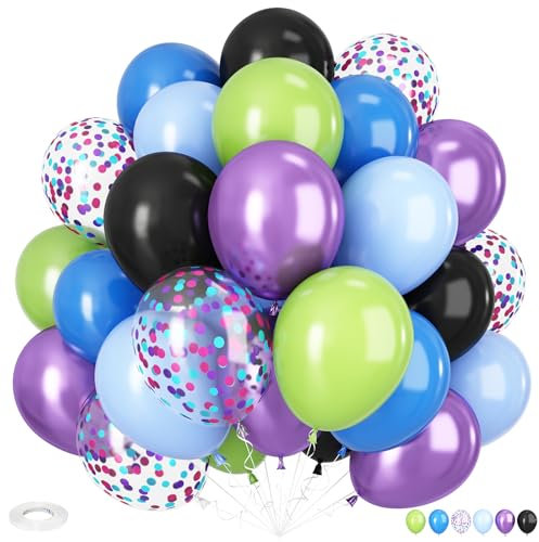 Green Purple and Blue Balloons, 12 Inch Purple Green and Black Balloons Black and Metallic Blue Confetti Balloon for Boys Girls Cartoon Theme Birthday Baby Shower Party Decoration