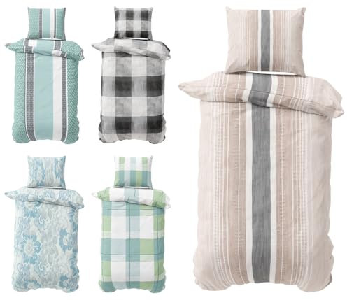 Visaggio Biber Bettwäsche 155x220 cm Feinbiber Bettbezug Winterbettwäsche Kissenbezug 80x80 cm gestreift Beige Grau 2teilig