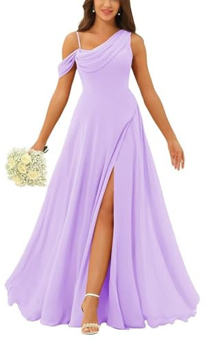 HPPEE Vestido de dama de honor con un hombro descubierto, largo y fruncido, de gasa, acampanado, formal, para boda, Lila, 38