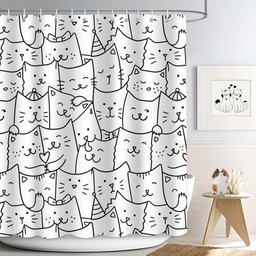 APROPHIC Tenda da doccia per bagno con gatto, in bianco e nero, set di tenda da doccia divertente, decorazione per il bagno, in poliestere, arte da bagno, 72x72 pollici