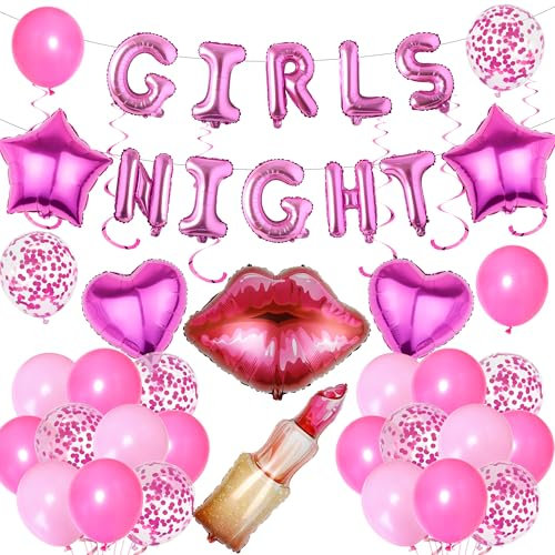 Girls Night Party Deko für Mädchen - 48 Stück Rosa Luftballons Lippenstift Rote Lippen Herz Sterne Folienballons, Ballons für Spa Pyjama Slumber Schlummer Übernachtungsparty Dekoration