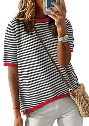 Cuptacc Camiseta de Mujer Rayas, Top de Verano Holgado con Cuello Redondo, Manga Corta, Algodón