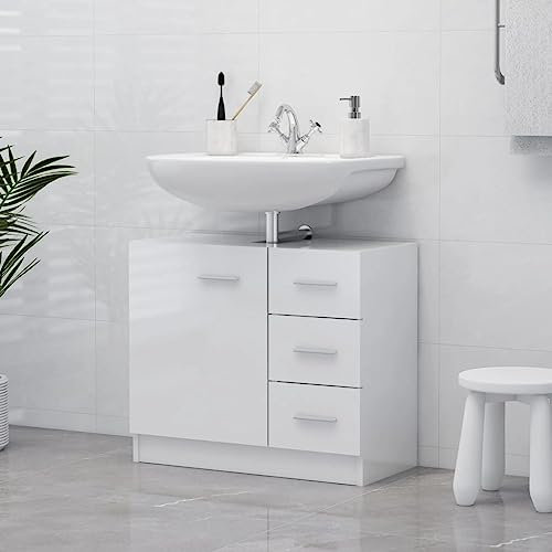 Myheimly Waschbeckenunterschrank Waschtisch Unterschrank Badmöbel Badschrank Badezimmerschrank Badezimmer Spanplatte Hochglanz-Weiß 63x30x54 cm Spanplatte