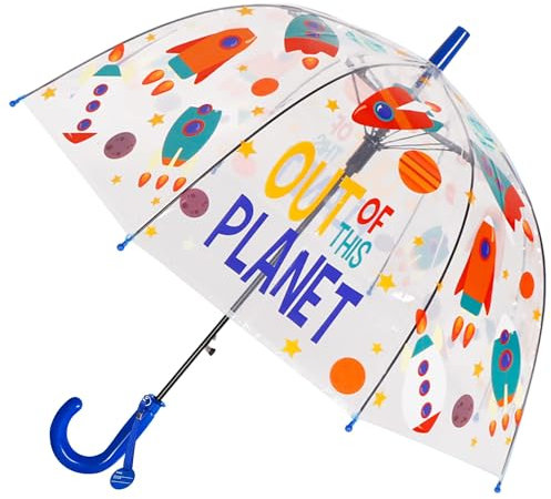 Kinder Regenschirm mit Kuppeldach Leichtes Niedliches Lustiges Design, Wind- und Regenschutzschirm,Stockschirm in Glockenform Transparent - Geschenke für Kinder (Blaue Rakete)