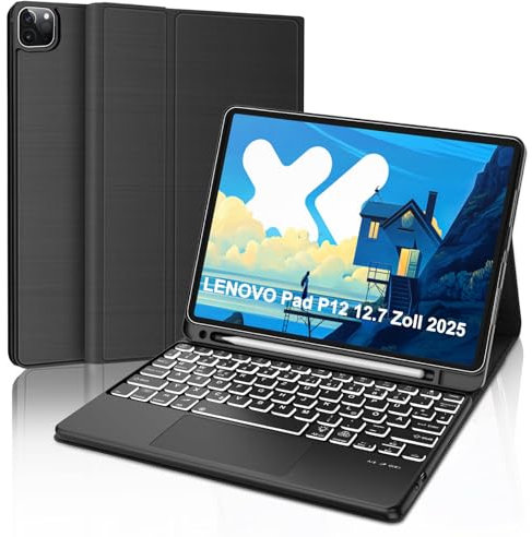 WINCHKING Funda con Teclado para Lenovo Idea Tab Pro 2025 12,7 Pulgadas, Teclado retroiluminado para Tableta Lenovo Idea Tab Pro 2025, Teclado magnético extraíble con diseño QWERTY, Negro