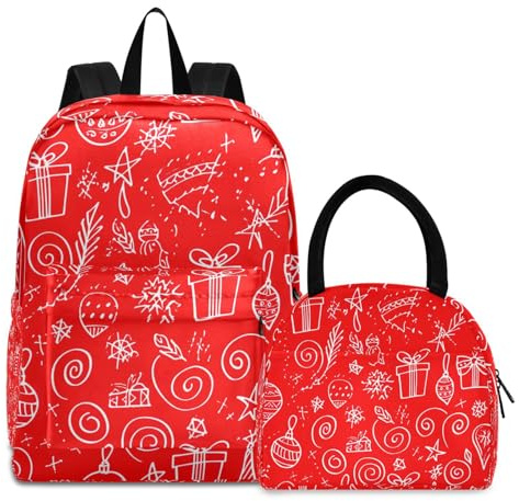 Kinder-Rucksäcke, wasserdicht, Kühltasche, Büchertaschen-Set mit Lunchbox, Weihnachten, Weiß, Rot