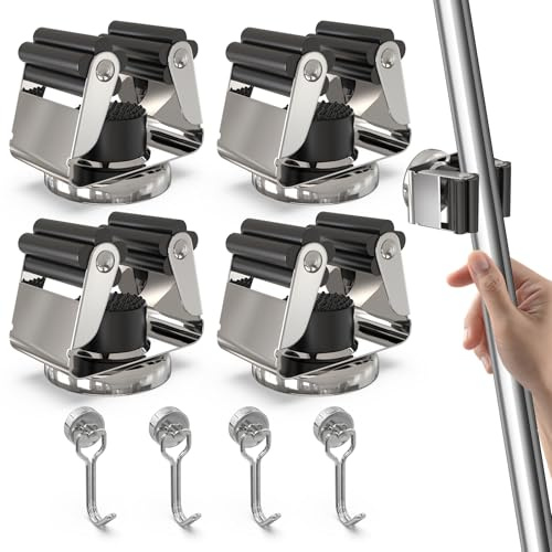 3-H Upgraded Magnetic Broom Holder with Strong Magnetic Hook 8 Pack, Broom Holder Wall Mount No Drill, Stainless Steel Broom Gripper for Garage Garden Shed Storage Laundry Home Kitchen,Silver