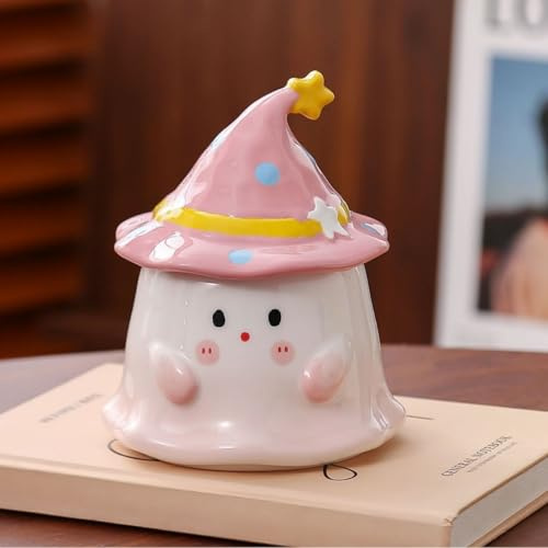 Hosoncovy Ceramic Coffee Mug with Handle Cartoon Cute Ghost Tea Cup Drinking Mug with Lid (Pink)