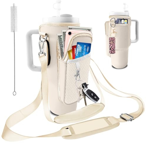 bolimoss Stanley – Porte-gobelet avec poche pour téléphone – Pour gobelet de 122/887 ml – En néoprène beige – Avec 2 sangles réglables et 3 poches, accessoires de voyage Stanley pour la marche