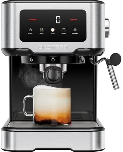 Chefman CraftBrew Espresso Machine 15-Bar, Steam Wand, Digital Touchscreen | Latte & Cappuccino, Compact, 1.5L Removable Water Reservoir, Stainless Steel