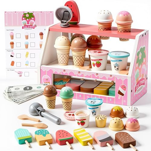 SYNCFUN Juego de Helados de Madera de 33 Piezas, Juguete de Cocina y Comida para Juegos de rol para niños de 3, 4 y 5 años, Regalo Educativo para niños y niñas.