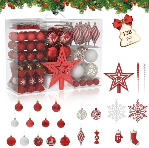 YRHome 138pcs Weihnachtskugeln Klein Weihnachtsbaumkugeln Christbaumkugeln Kunststoff mit Aufhänger Weihnachtsdekoration Kugeln Weihnachtsschmuck Deko Weihnachtsbaumschmuck,Rot