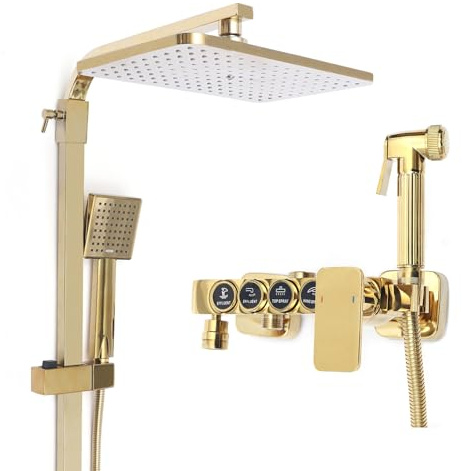 Duschset mit Armaturen, Duscharmatur Komplettset mit 22 cm * 22 cm Quadratische Regendusche,Handbrause und Booster-Spritzpistole,4 Strahlarten,Höhenverstellbare,Gold Regendusche Duschsystem