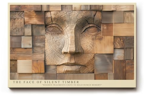 Paul Sinus Wandbild 120x80cm The Face of Silent Timber Wood Sculpture Human Expression in Natural Texture